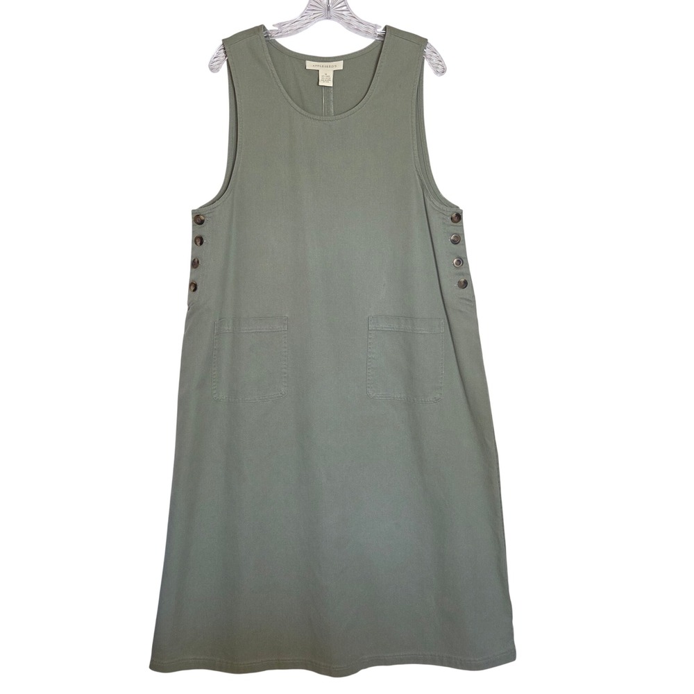 Appleseeds Sage Green Tencel Cotton Jumper Dress Button Side Midi Pockets M NEW